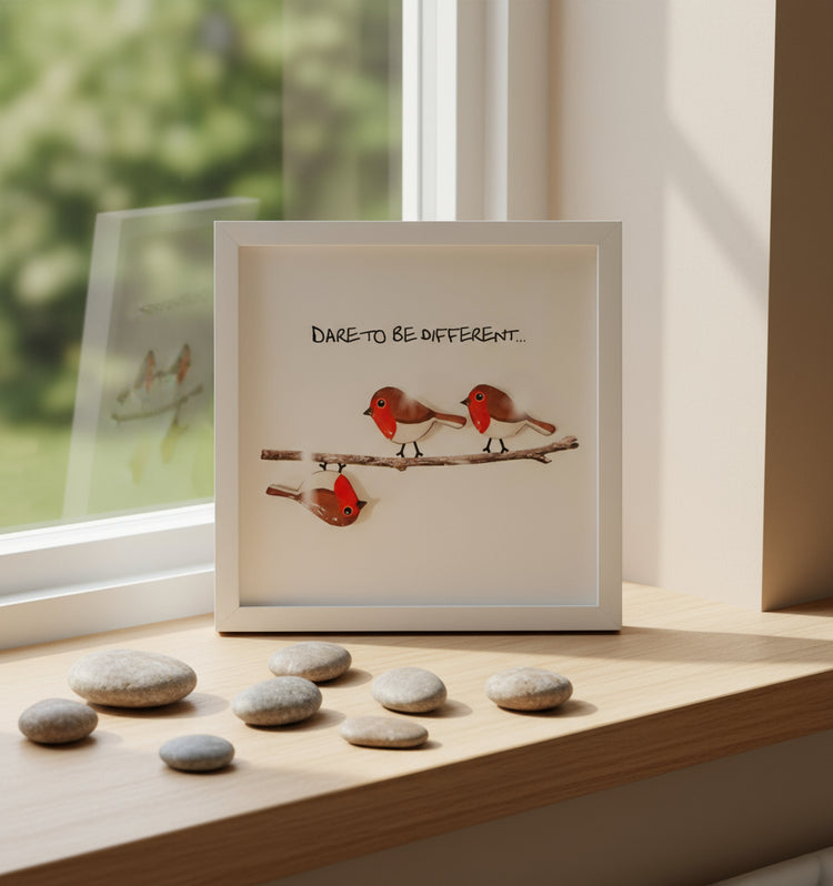  three red-breasted birds on a branch and 'Dare to be different' mini framed picture