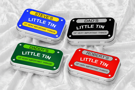 personalised pocket tins in various colours handmade
