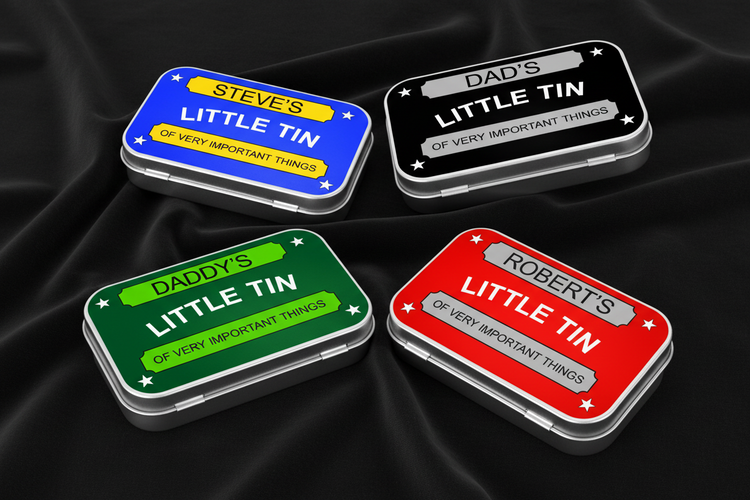personalised small tins in various colours handmade by Flutterframes