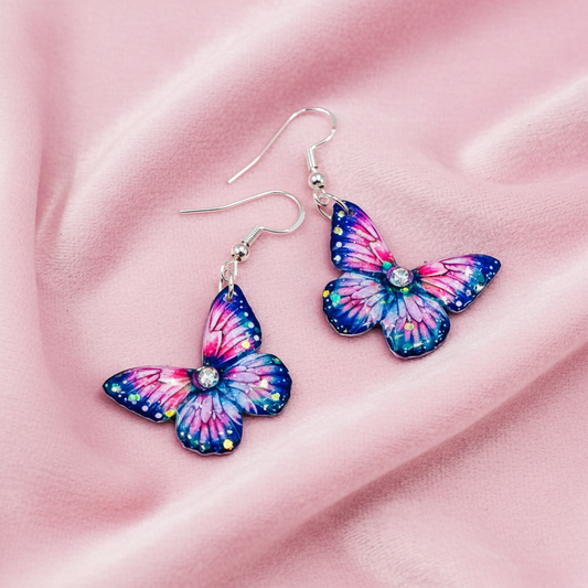 small pink and blue  butterfly dangle earrings