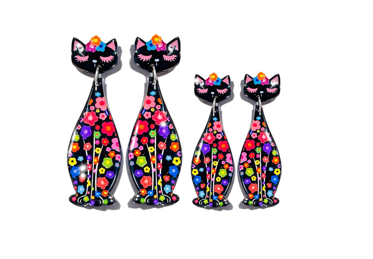  tall black retro cat stud dangle earrings. Unusual. Funky atomic style jewellery