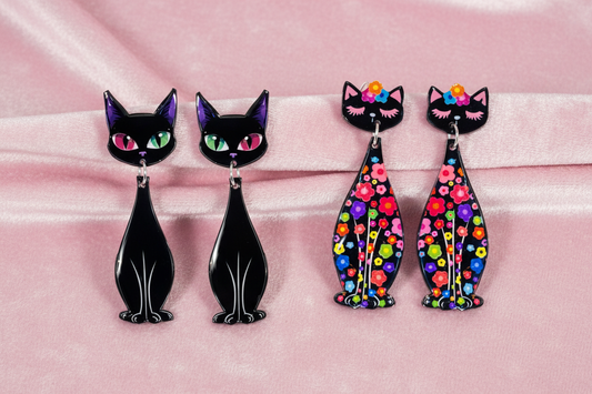 Tall Black Cat earrings, tall black retro cat stud dangle earrings. Unusual. Funky atomic style jewellery