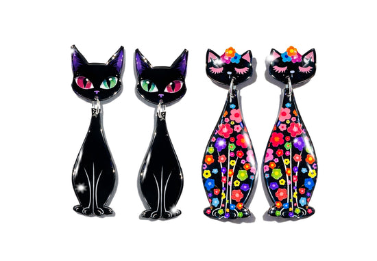 Tall Black Cat earrings Unusual. Funky atomic style jewellery