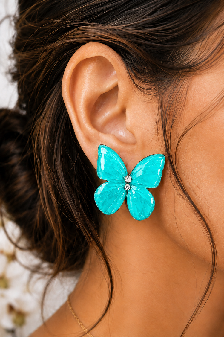 teal butterfly necklace and  large stud earrings