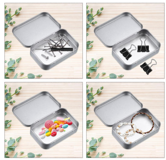 personalised small Metal tin box with various items including tools, clips, candies, and jewellery 