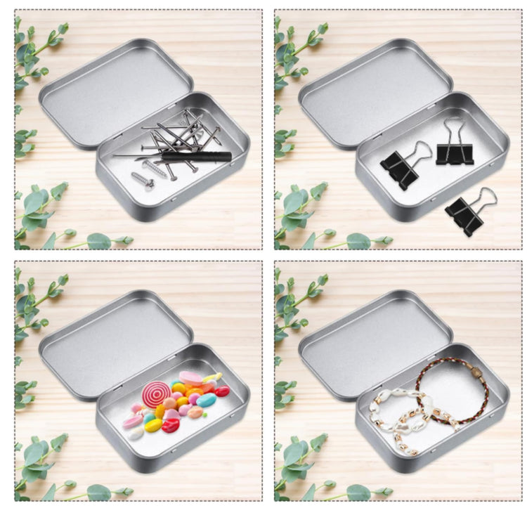 personalised small Metal tin box with various items including tools, clips, candies, and jewellery 