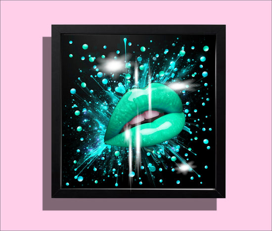 *The Kiss** 3d framed pink turquoise shiny glitter picture. Unique to flutterframes