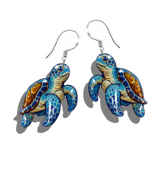 Turtle earrings, handmade from recycled ti n cans. 10th anniversary gift for her