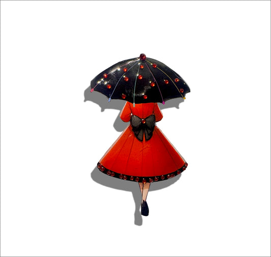 Woman in Red with Umbrella brooch. Statement brooch. Whimsical umbrella brooch accessory. Vintage Illustrated brooch with sparkly diamantes