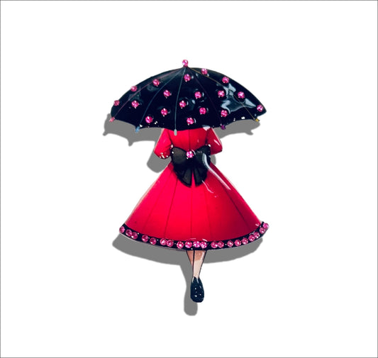 Illustration of a person in a pink dress with a black umbrella 