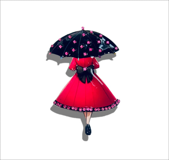 Illustration of a person in a pink dress with a black umbrella 