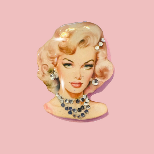 1940's retro really pretty girl Brooch. Vintage Illustration with sparkly diamantes