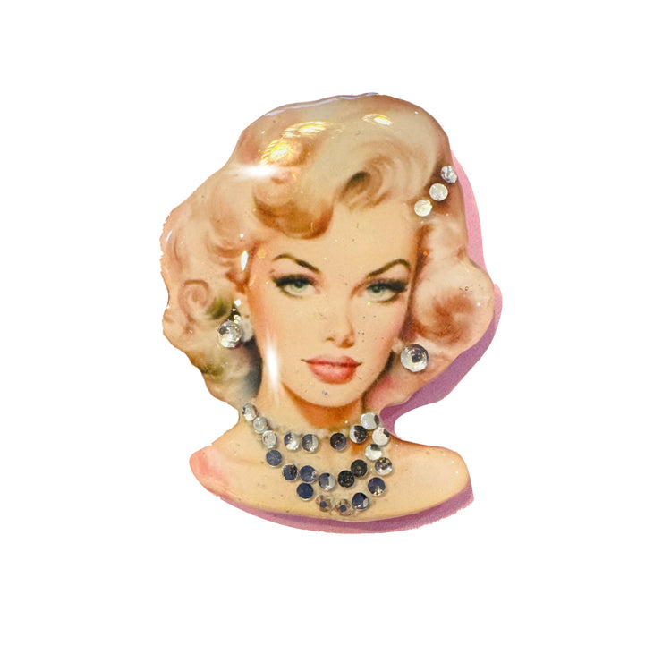 beautiful pink brooch of a 1940's woman. handmade