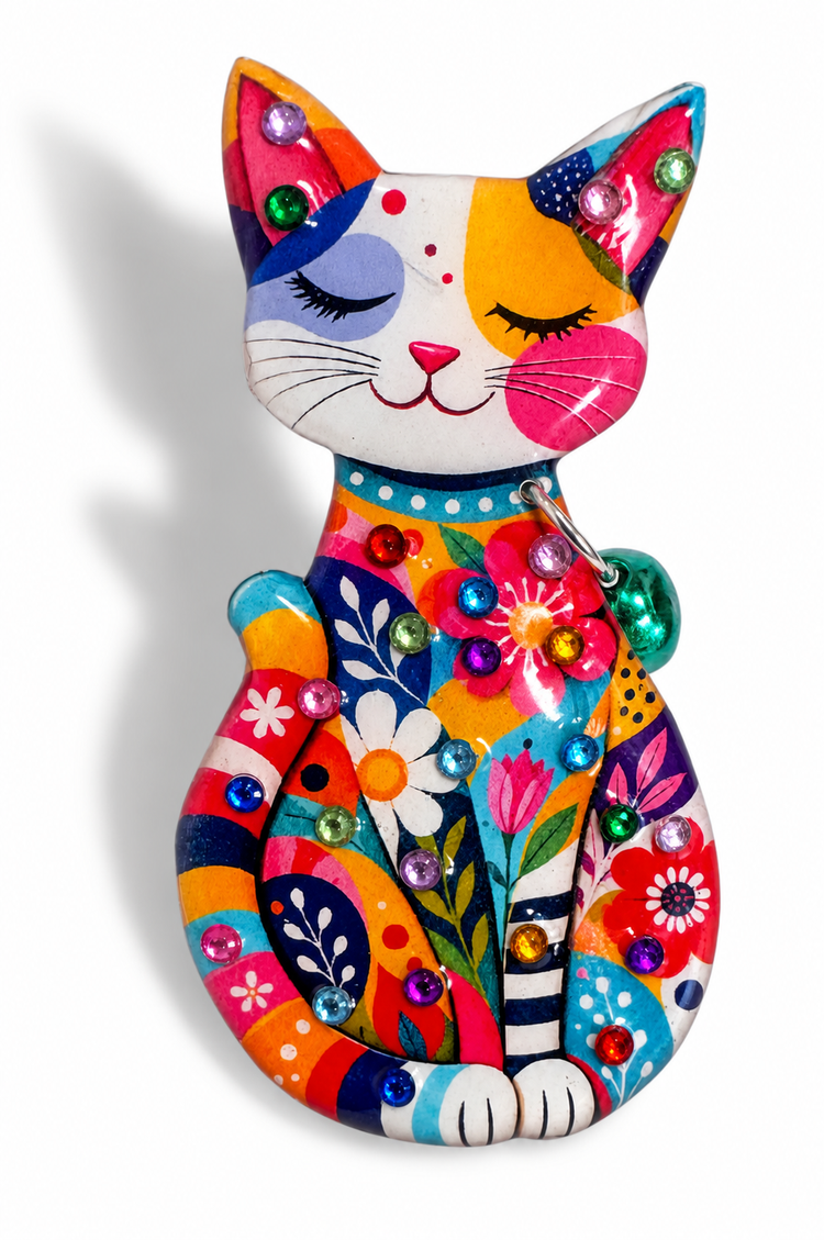 vibrant floral cat brooch handmade