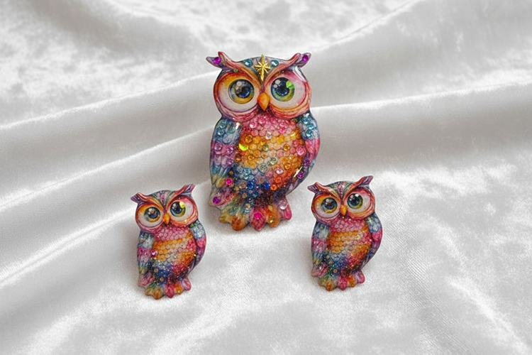 Vibrant owl-shaped enamel pin, brooch