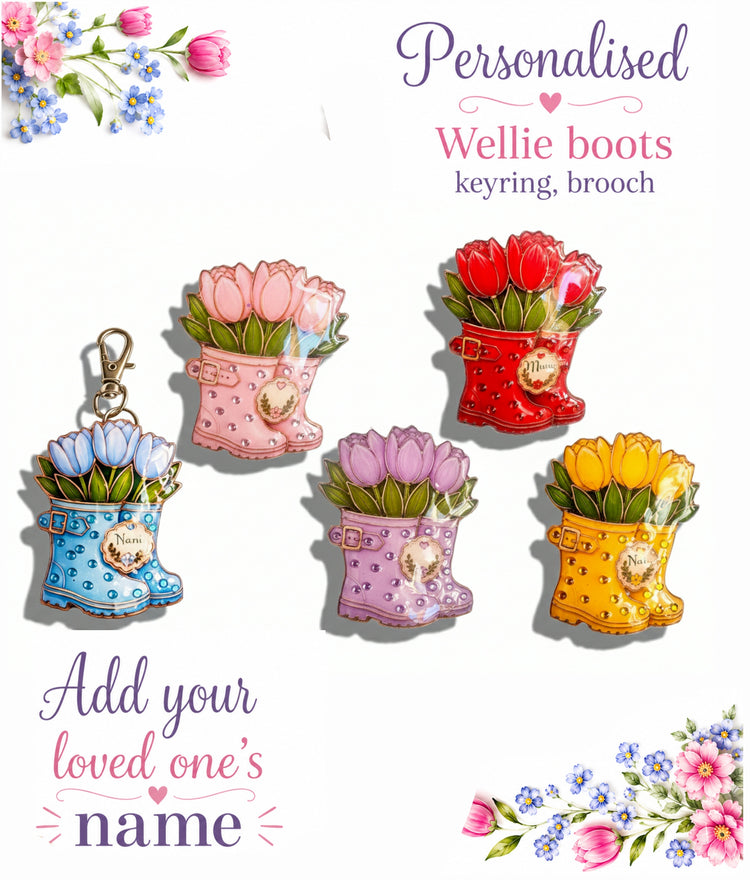 gardener's unique gift. Wellington boots brooch, keyring, magnet