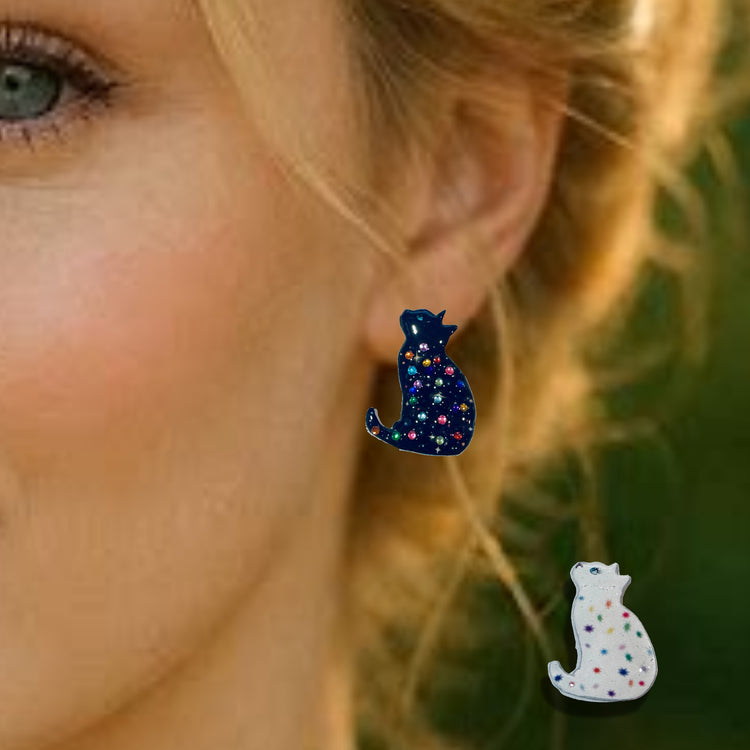 black and white unusual lucky cat earrings