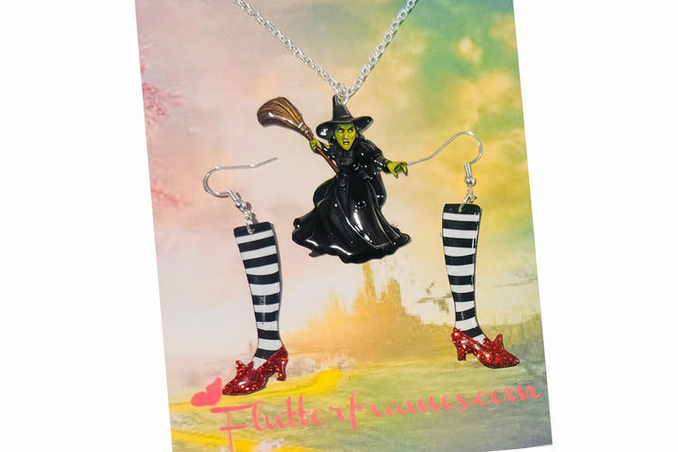 Wizard of Oz handmade earrings and pendant. Wicked witch of the east, Ruby Slippers