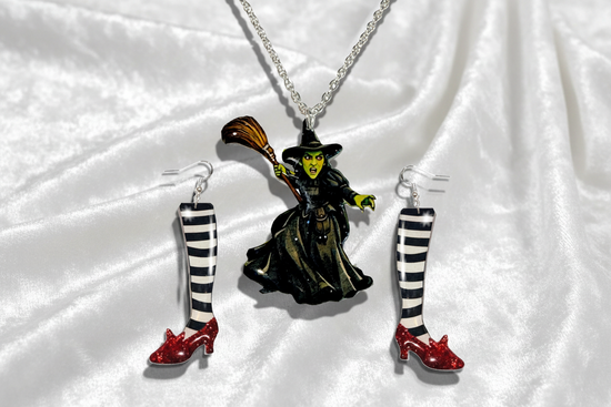 Witch-themed jewelry set with necklace, earrings