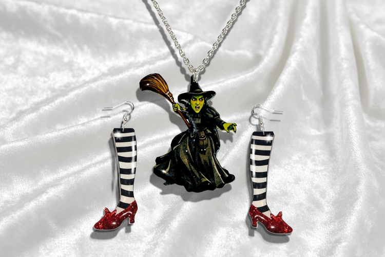 Witch-themed jewelry set with necklace, earrings