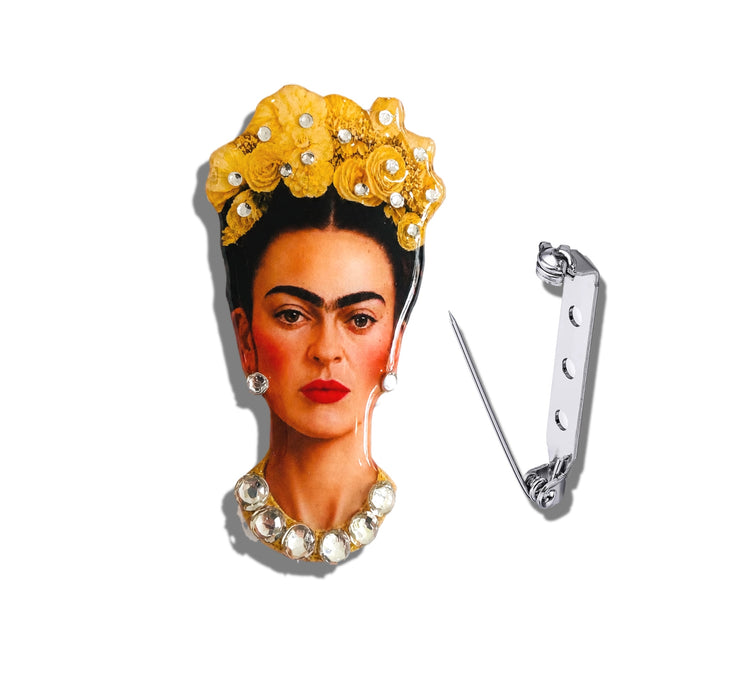 Frida Kahlo yellow handmade brooch handmade with recycled tin cans