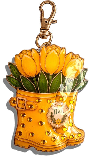 yellow gardener's keyring with tulips