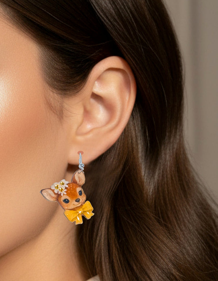 Retro Deer earrings and pendant –Yellow Spring/Summer Reindeer. Handmade