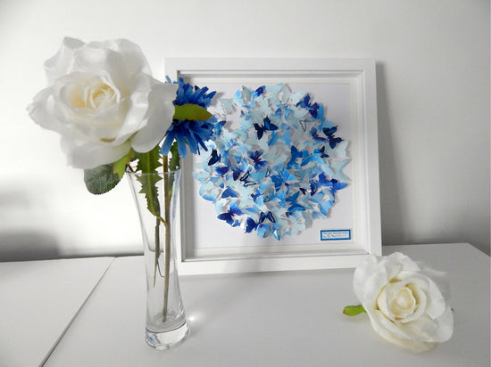 Swarm of blue butterflies handcrafted framed picture