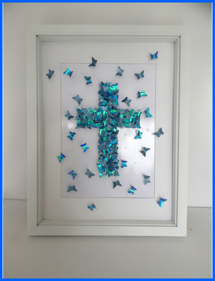 The Cross Christian picture,Christening Cross,Crucifix 3d butterfly picture,Jesus Art, Born Again Art, Baptism Wall Art,Crucifix