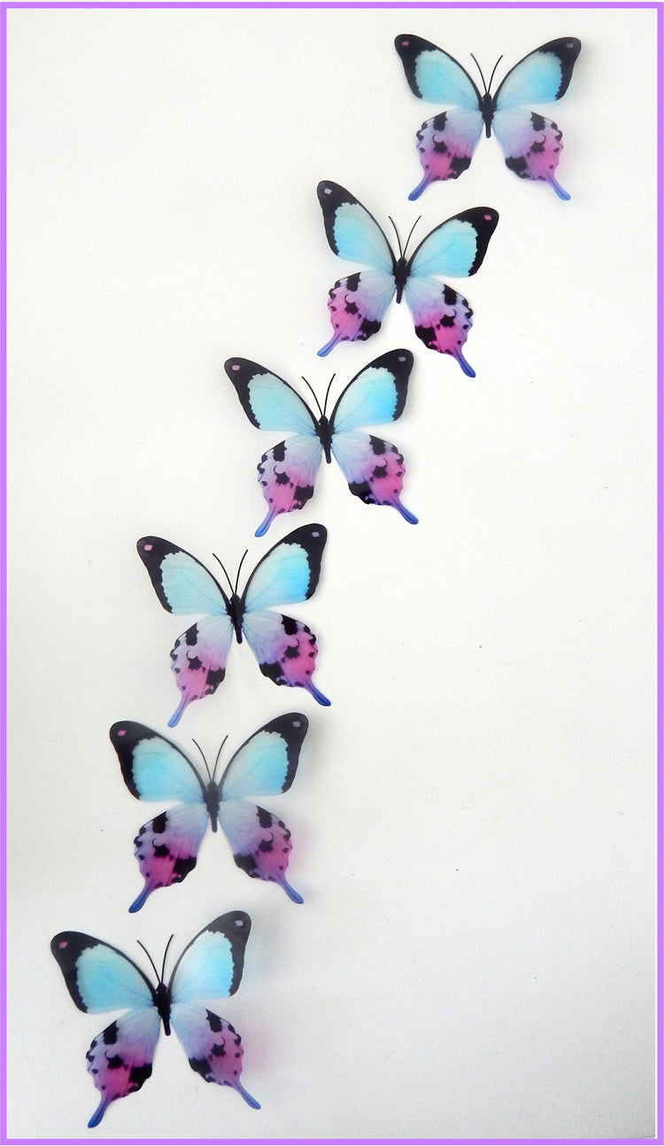 6 3D Mariposa Colorida butterflies, natural looking faux butterflies in very pretty in pink, lilac and blues