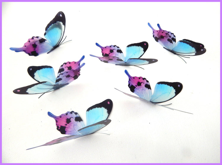 6 3D Mariposa Colorida butterflies, natural looking faux butterflies in very pretty in pink, lilac and blues