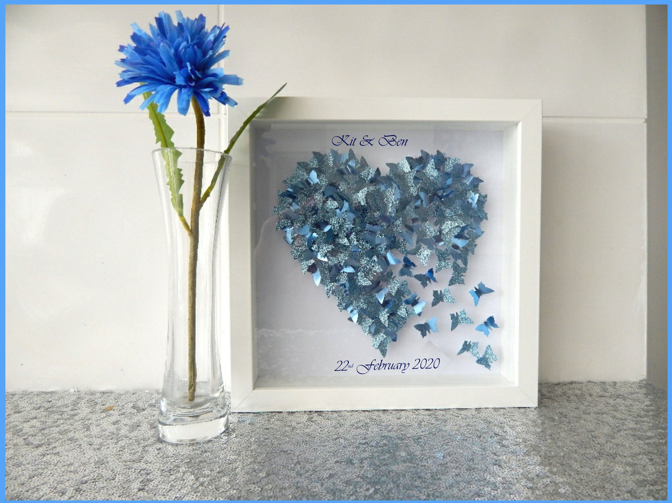 Pretty blue picture ,Glitter fluttery 3d heart framed picture,birthday ...