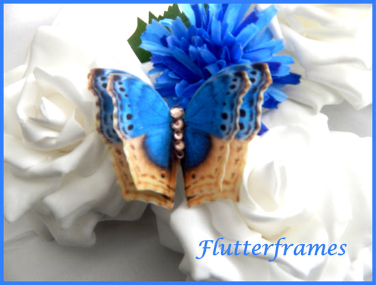 blue and beige silk butterfly hair clip