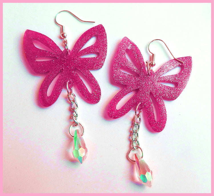 Butterfly Crystal drop earrings, Butterfly earrings, quirky earrings, pink, purple or blue jewellery. Unique earrings