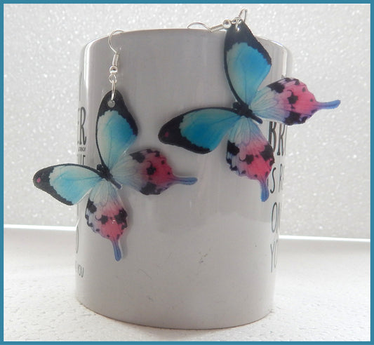blue and pink resin butterfly earrings