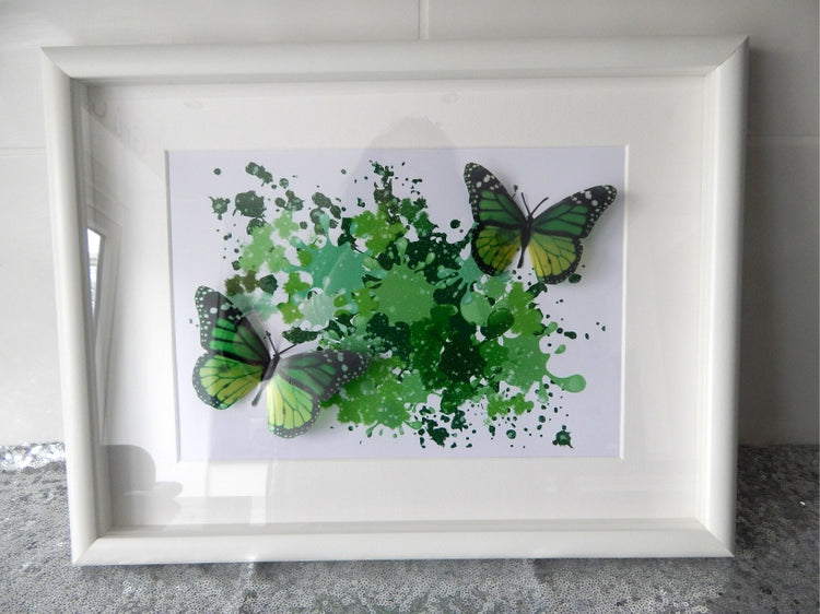 Green butterflies in a box frame, Green Floating effect