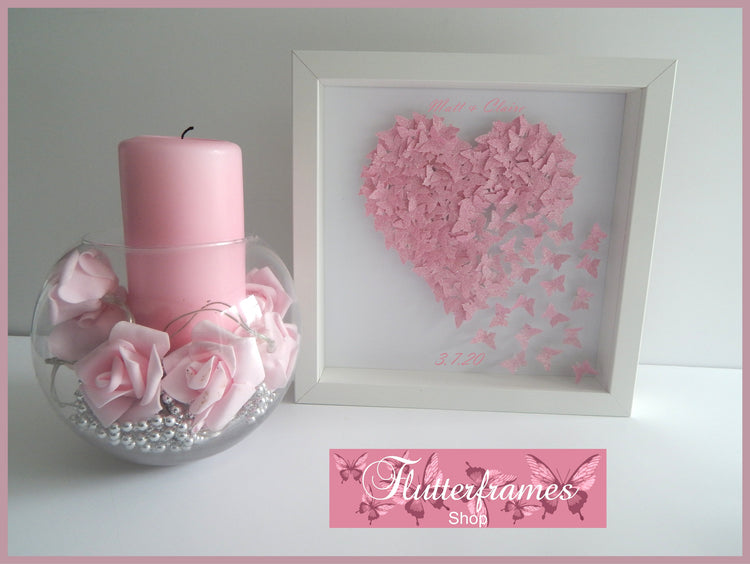 Anniversary, wedding butterfly heart personalised picture pink, glitter heart with lots of tiny butterflies unique hand crafted