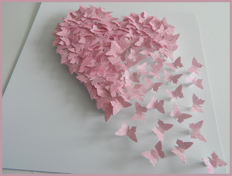 Anniversary, wedding butterfly heart personalised picture pink, glitter heart with lots of tiny butterflies unique hand crafted