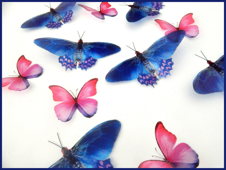 12 Pink and Blue natural pretty butterflies. 3d butterfly wall stickers, great for decoration at home, weddings,parties, bedroom,conservatories