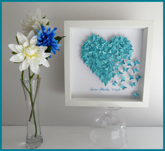 Anniversary, wedding butterfly heart personalised picture,Teal / Turquoise, glitter heart with lots of tiny butterflies unique hand crafted