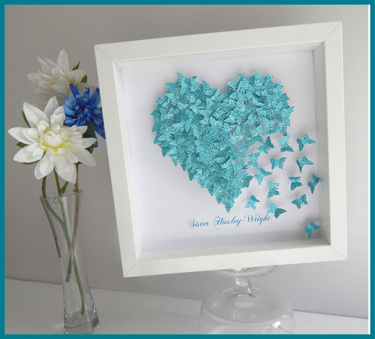 Anniversary, wedding butterfly heart personalised picture,Teal / Turquoise, glitter heart with lots of tiny butterflies unique hand crafted