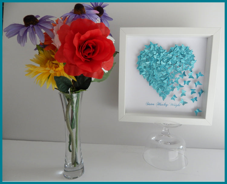 Anniversary, wedding butterfly heart personalised picture,Teal / Turquoise, glitter heart with lots of tiny butterflies unique hand crafted